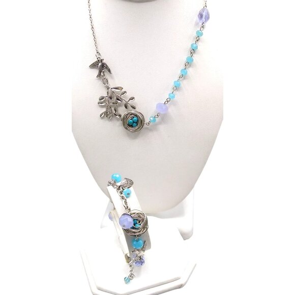 Asymmetrical Bib Necklace with Bird in Flight, Leaves and Robins Egg Nest, Match - Picture 2 of 3